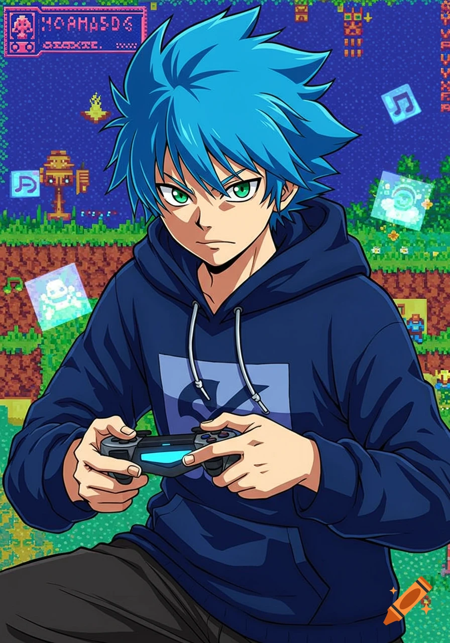 Anime male character with blue spiky hair and green eyes holding a video game controller against a pixel art background.