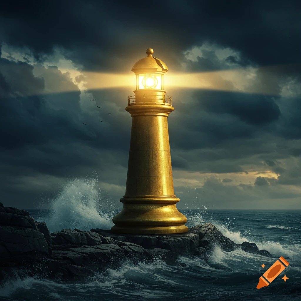 A golden lighthouse resembling a bishop chess piece stands on rocky cliffs amidst stormy seas and dark clouds, casting a bright light.