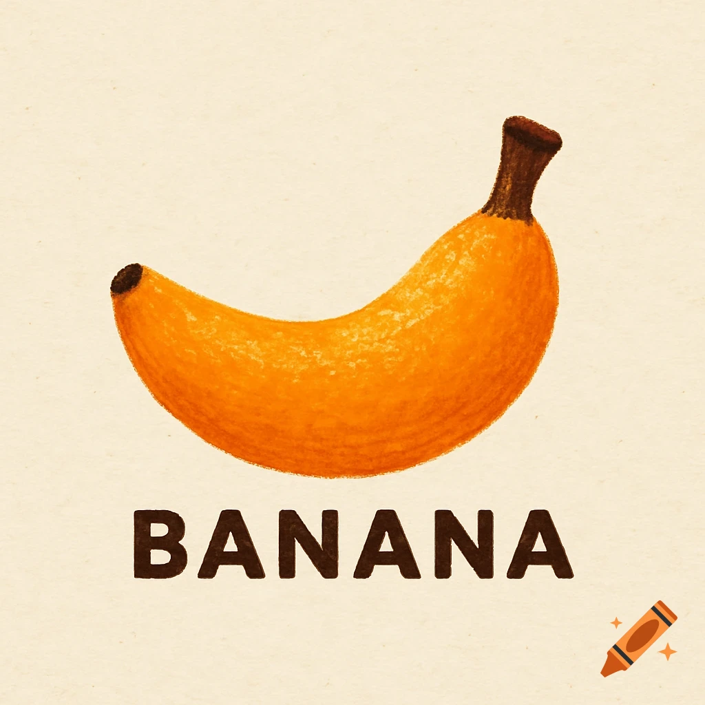 An orange-colored, textured illustration of a banana with the word BANANA below it on a light background.