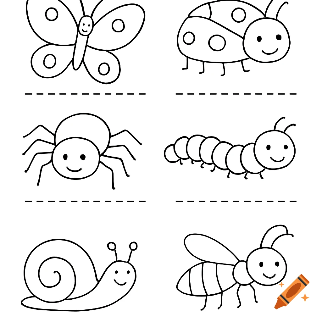 Black and white line art of six cartoon mini-beasts including a butterfly, ladybug, spider, caterpillar, snail, and bee, each with a dashed line below for writing.