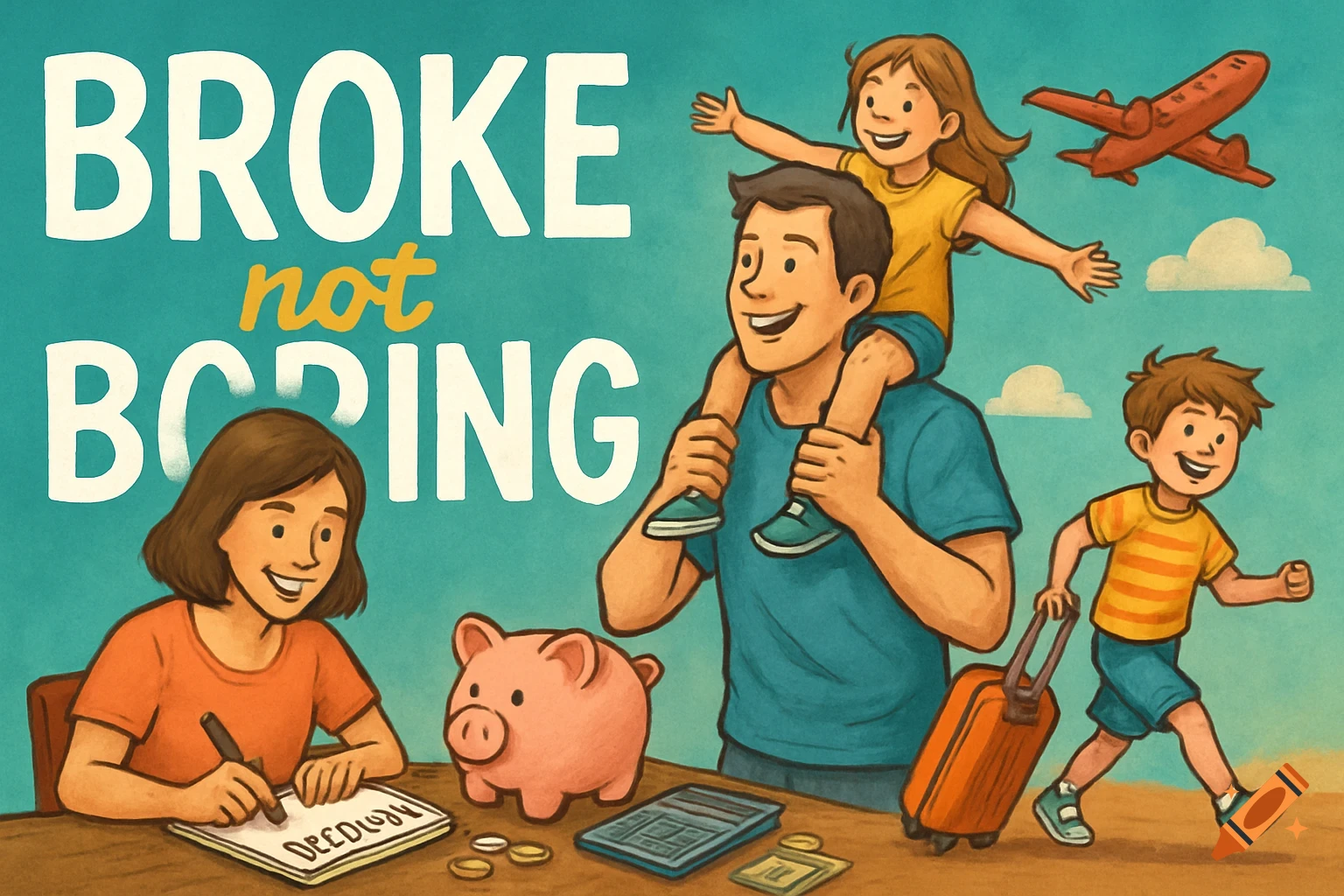 An illustration of a family on a teal background. A mother writes on paper next to a piggy bank. A father carries a child on his shoulders, and another child pulls a suitcase. An airplane flies in the sky. Text reads "BROKE not BORING."