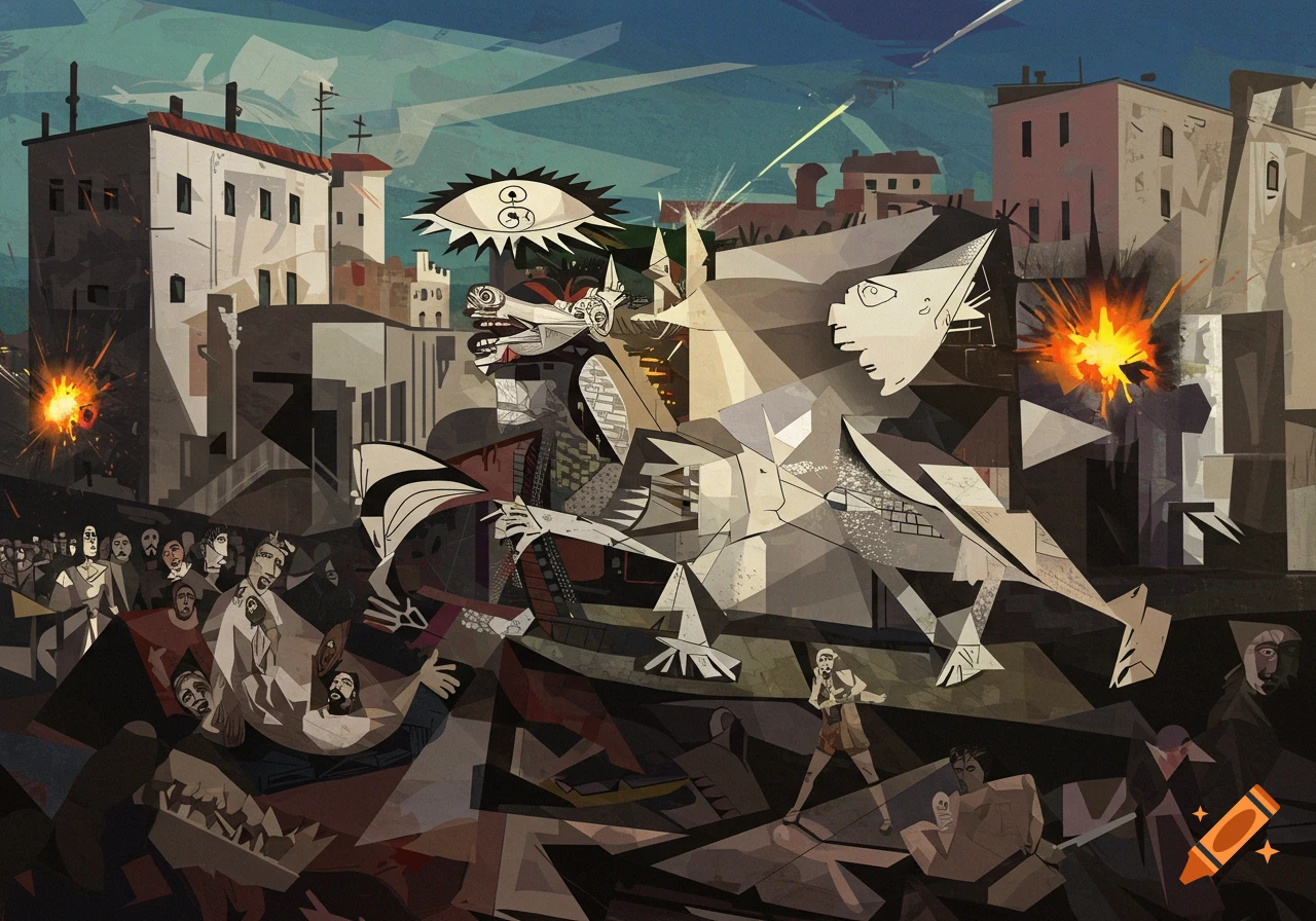 A contemporary cubist-style painting depicting a chaotic war scene with fragmented figures, a horse, and explosions.