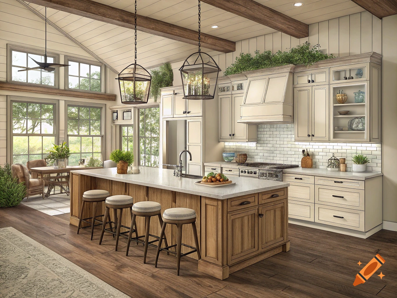 A spacious, rustic-chic kitchen with a large island, wooden beams, white cabinetry, and large windows overlooking green trees.