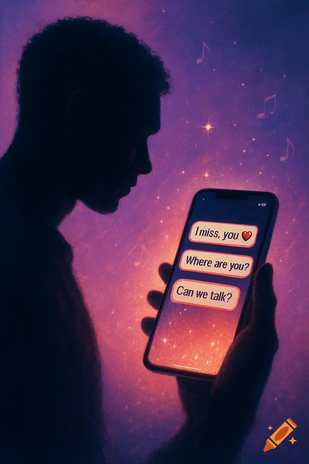 A silhouetted person looks at a glowing smartphone displaying text messages against a purple starry sky with musical notes. Stylized illustration.
