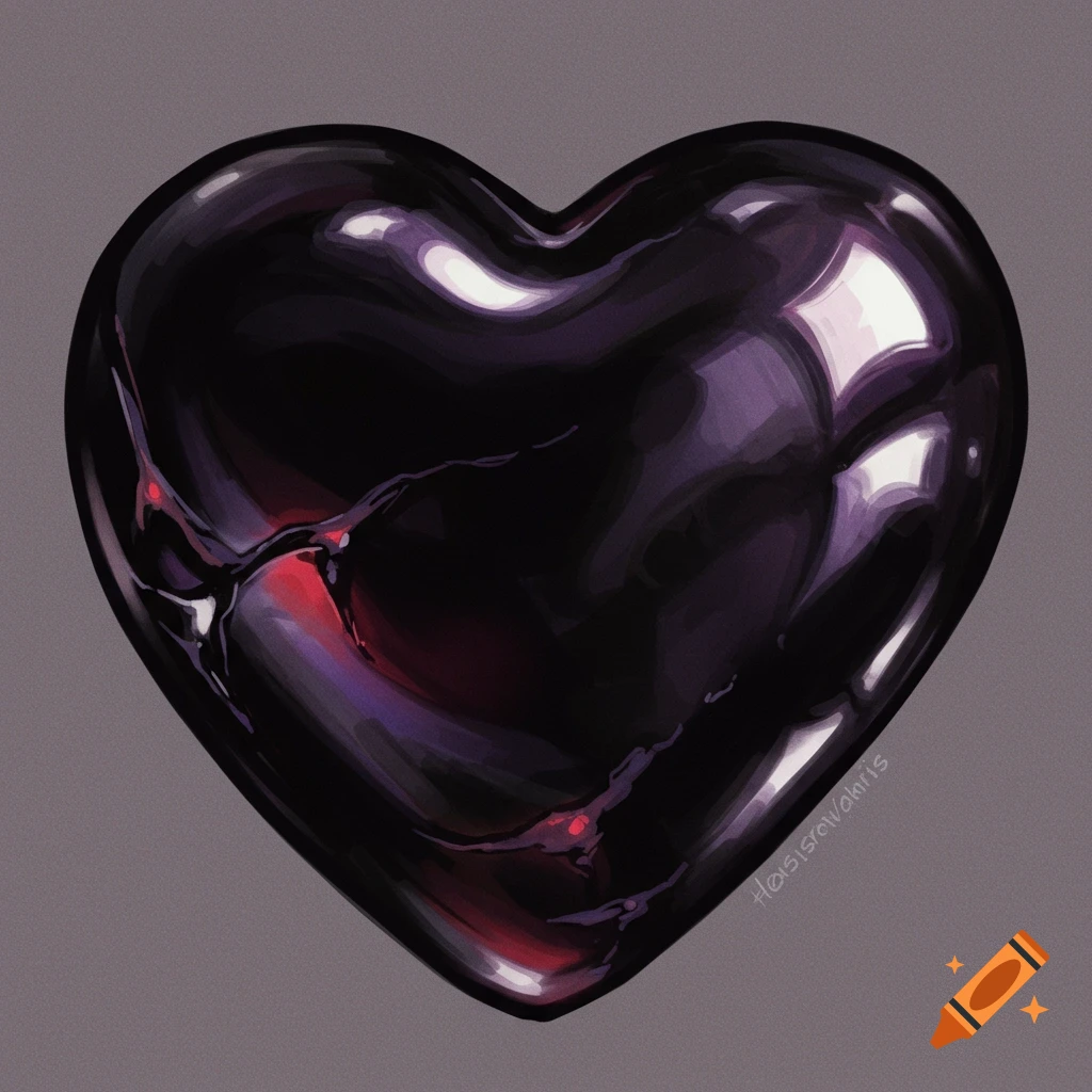 A glossy, dark purple obsidian heart with glowing red cracks on a grey background.