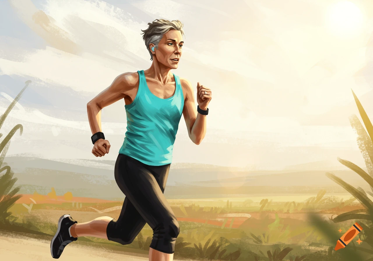 An illustrative image of an older woman jogging outdoors in a turquoise tank top and black leggings.