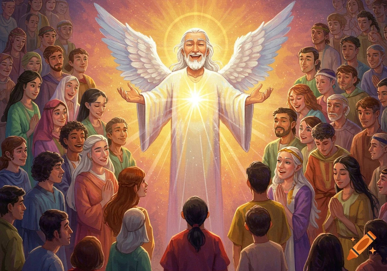 A radiant, white-robed figure with wings and outstretched arms stands glowing amidst a diverse, reverent crowd, in a celestial illustration.