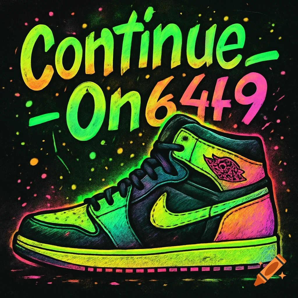 A neon-colored high-top sneaker with the text "Continue_On649" in a street art style on a black background.