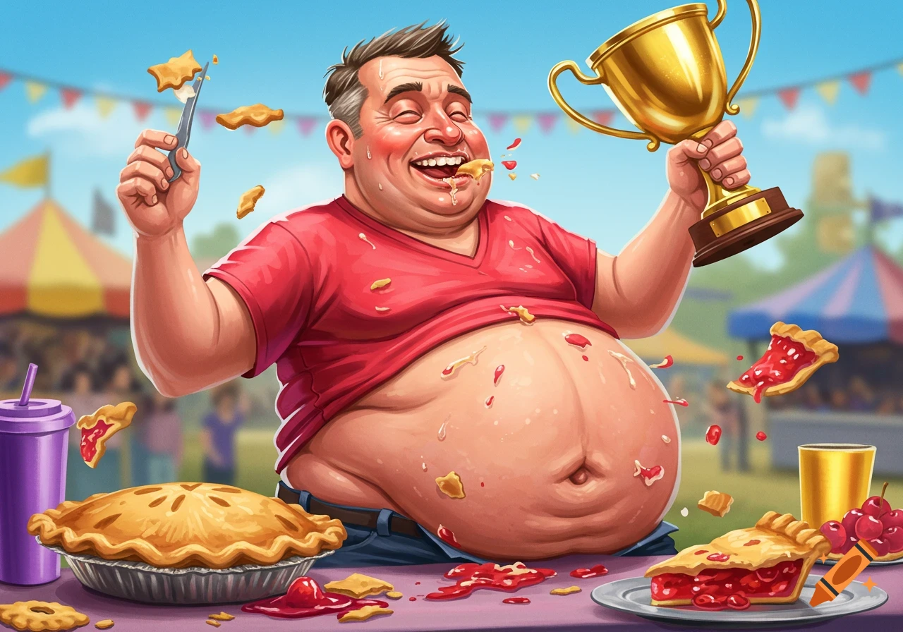 A jubilant, overweight man celebrating a pie-eating contest victory, covered in pie filling, holding a golden trophy at a fair. Illustration style.