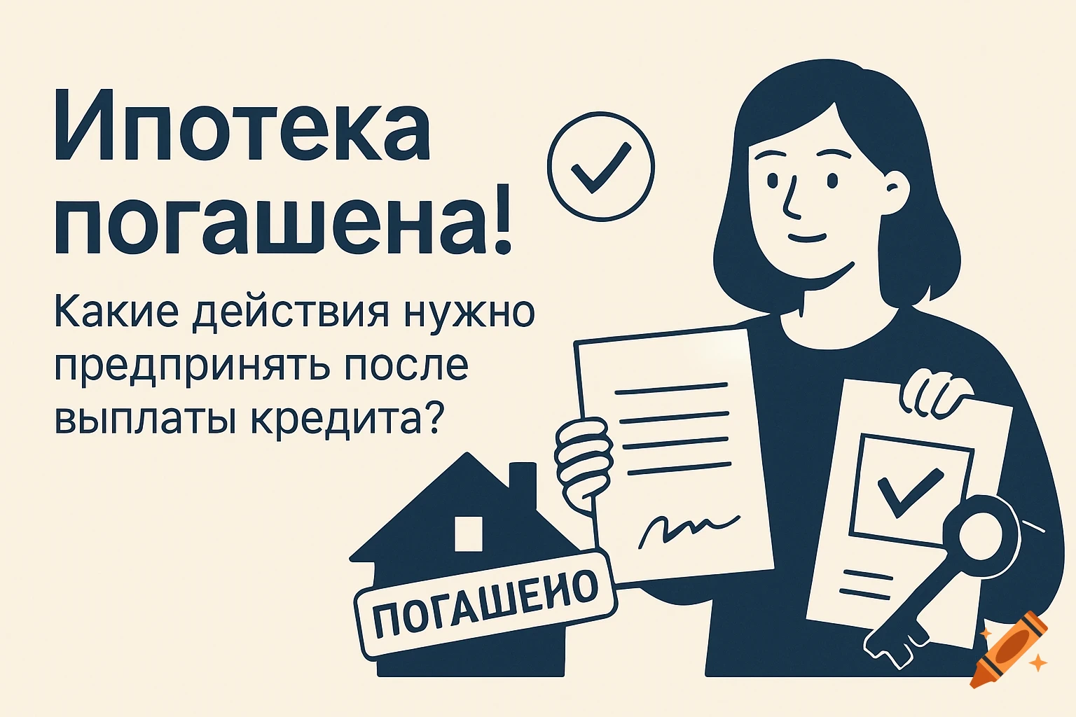 Minimalist illustration of a woman and a house with Russian text about a paid mortgage.