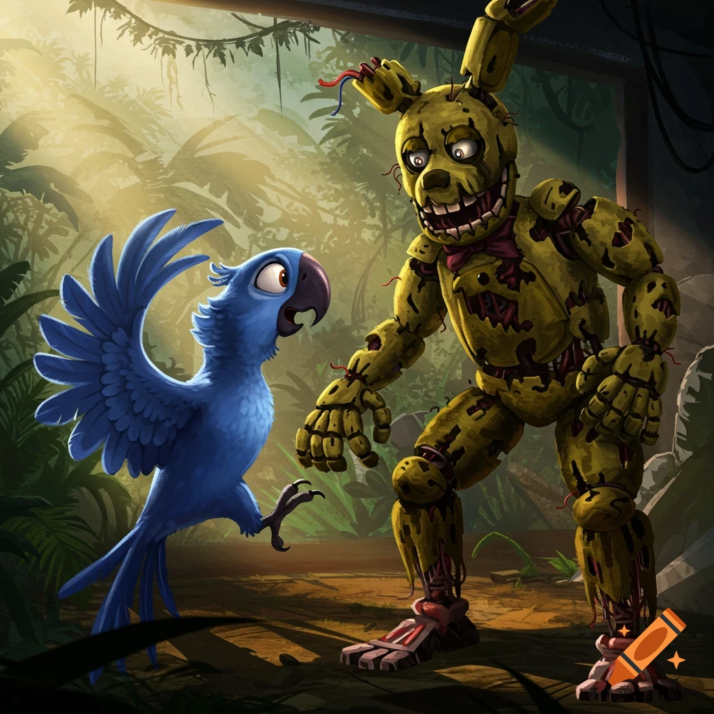 Blu the blue macaw from Rio encounters Springtrap, a damaged yellow animatronic rabbit, in a lush jungle.