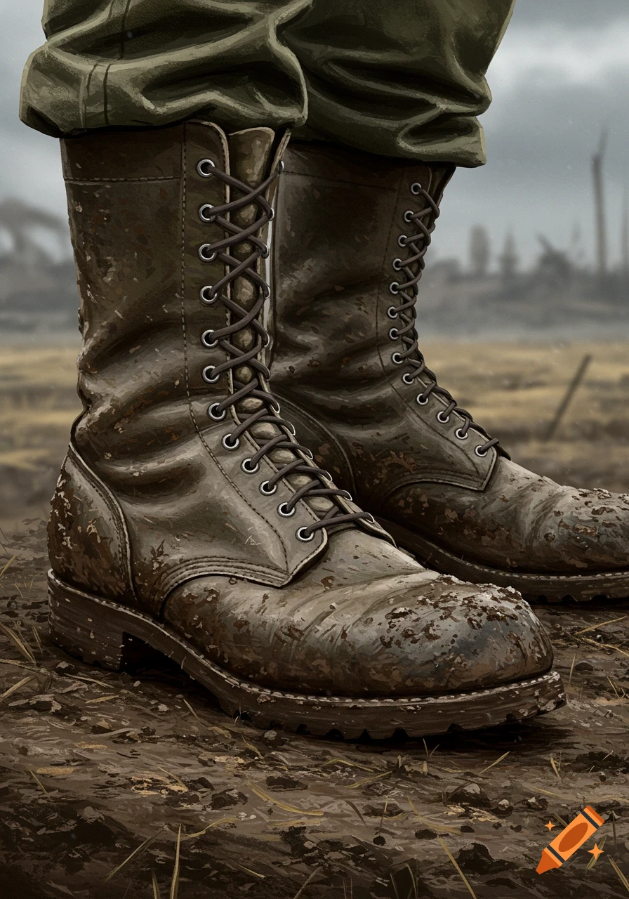 Close-up of muddy military boots and pants standing in a war-torn, muddy field under a cloudy sky.