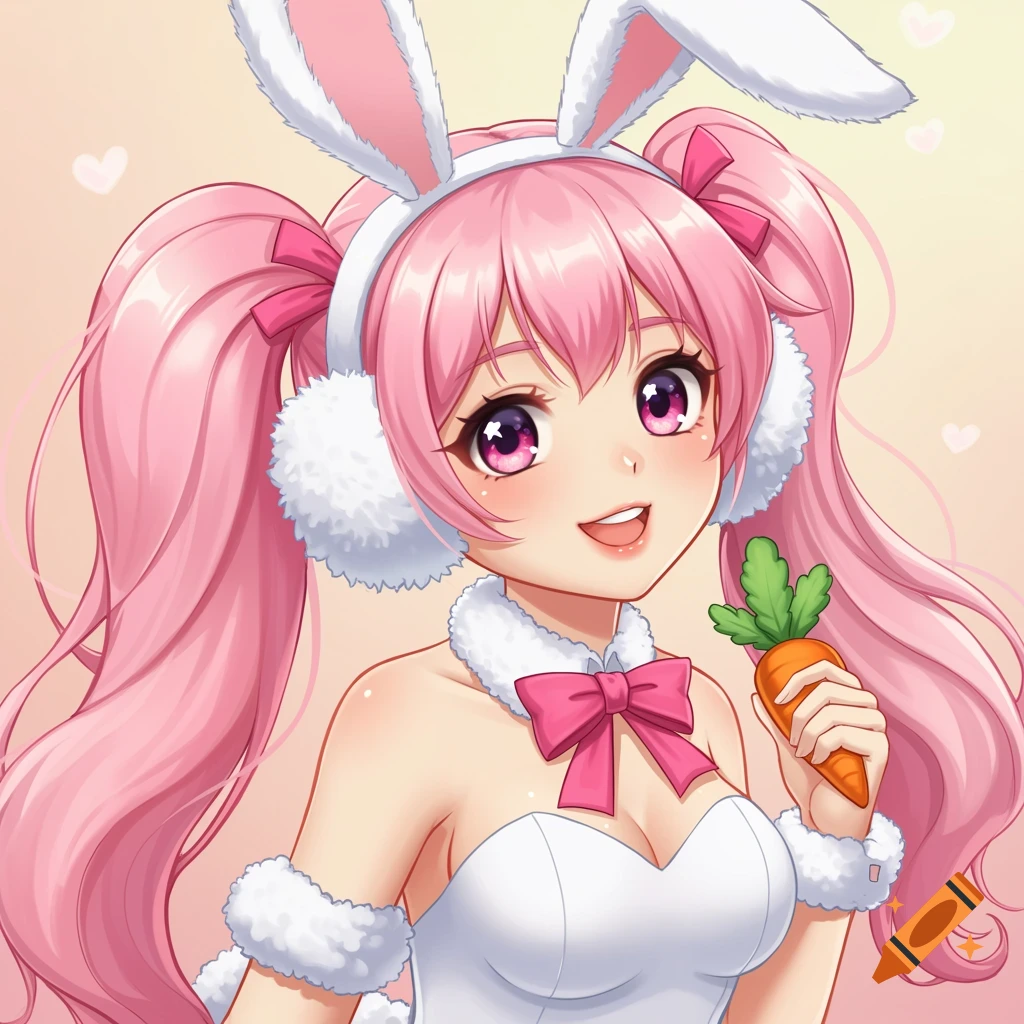 Cute anime girl with pink pigtails, bunny ears, and a white bunny suit, smiling and holding a carrot.