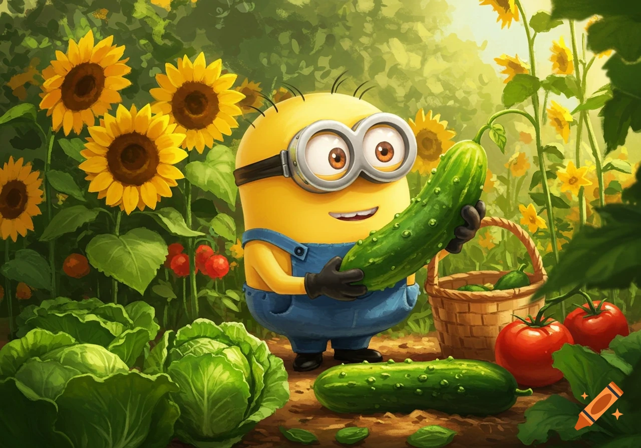 A cheerful Minion in blue overalls holds a large cucumber in a sunny garden filled with sunflowers, cabbage, and tomatoes.