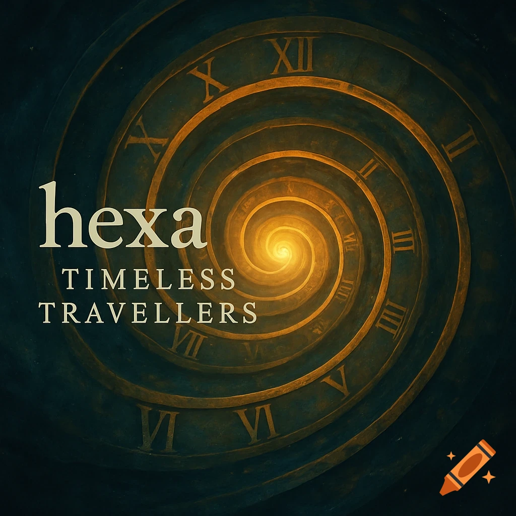 An abstract, dark teal and gold spiral reminiscent of a clock face with Roman numerals, glowing towards a bright center. The words 'hexa' and 'TIMELESS TRAVELLERS' are on the left.