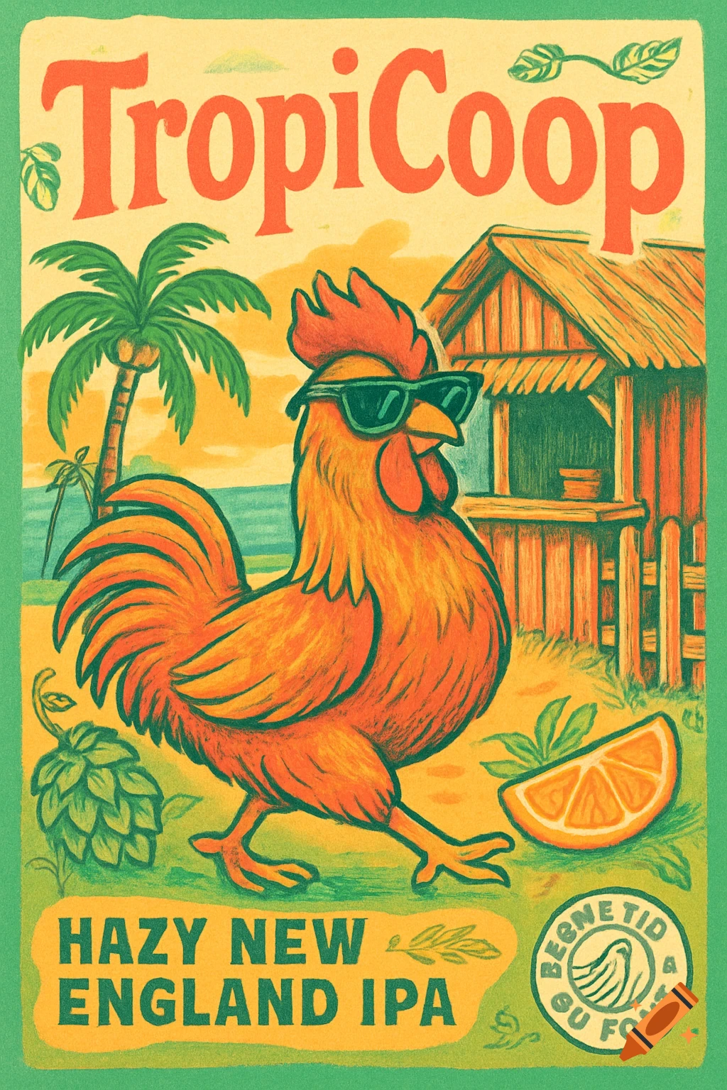 An illustration of a beer label featuring a rooster wearing sunglasses, with palm trees, a barn, and an orange slice. Text reads 'TropiCoop' and 'Hazy New England IPA'.