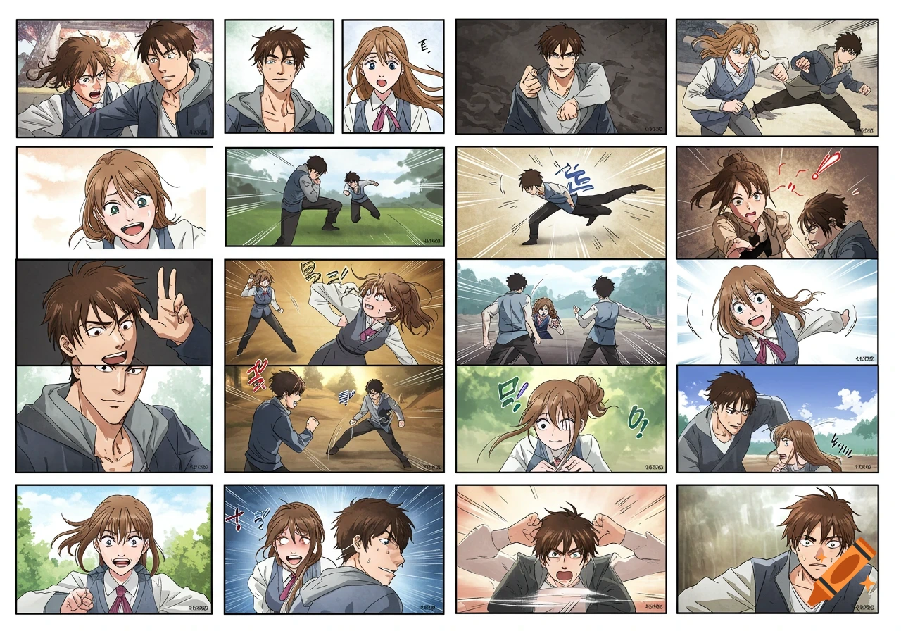 A multi-panel visual reference sheet showing two characters in manhwa style, displaying various actions, expressions, and panel perspectives.