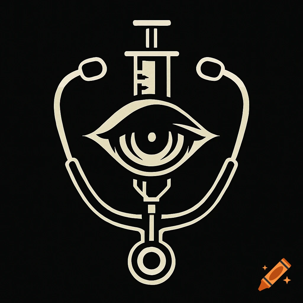 Monochromatic line art logo featuring a central eye, a syringe above it, and a stethoscope wrapped around them.