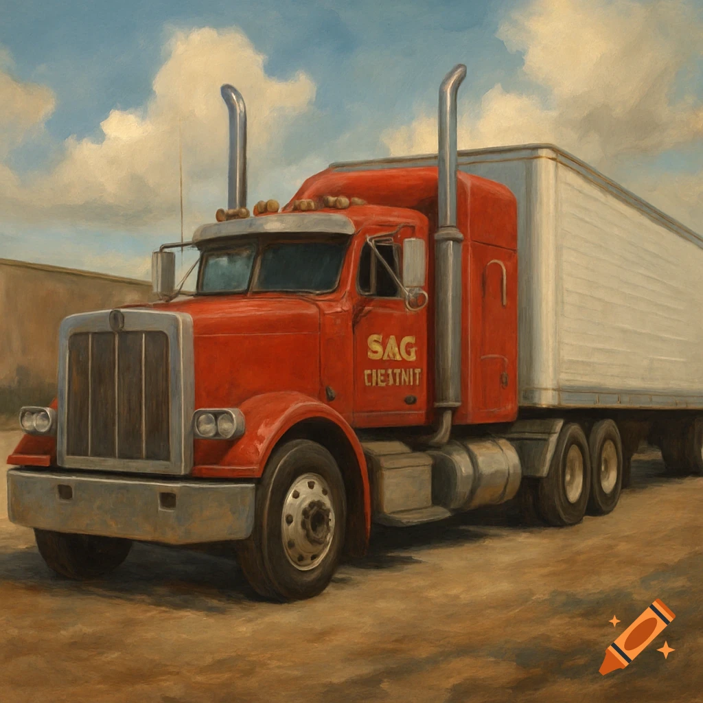 A red semi-truck with a white trailer, rendered in a painterly style, is parked on a dirt ground under a cloudy sky.