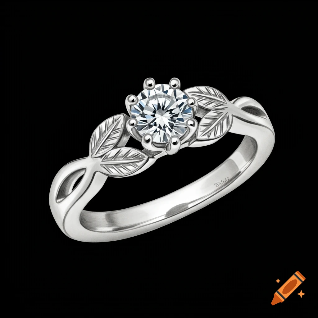 A silver engagement ring with a round diamond and leaf details on a twisting band against a black background.