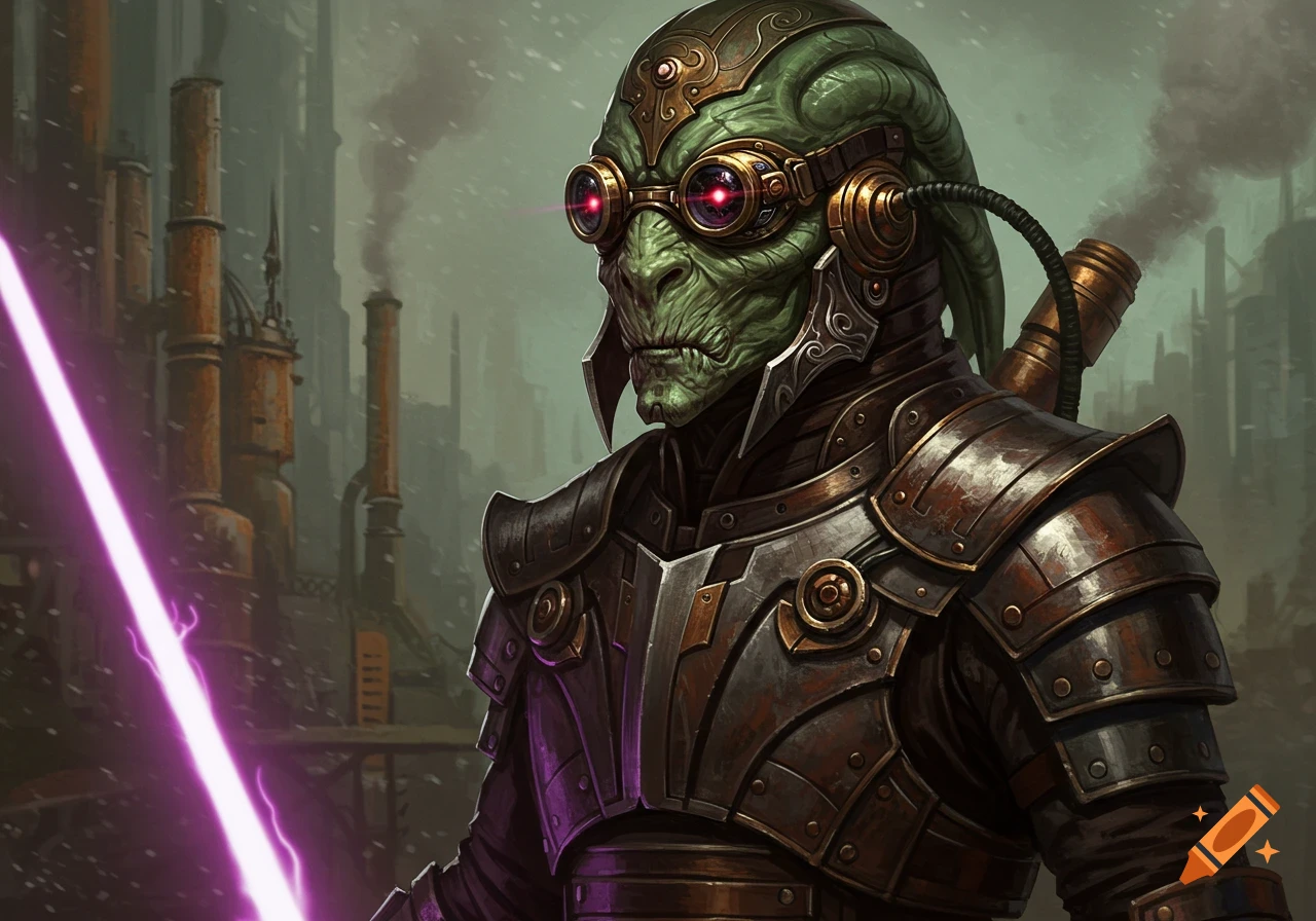 A green-skinned alien in steampunk armor and goggles holds a glowing purple blade against an industrial city background. Digital art.