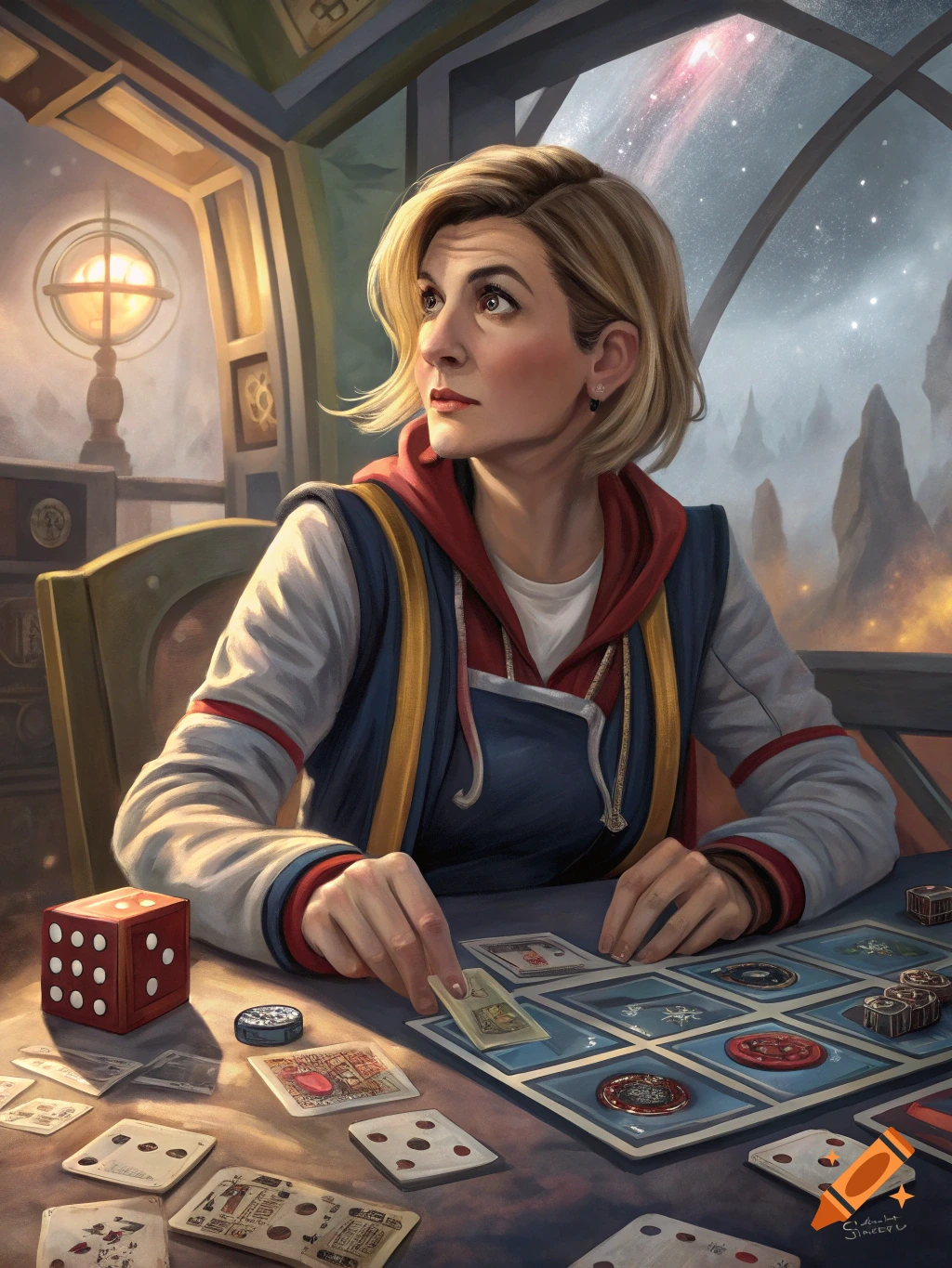 A blonde woman resembling Jodie Whittaker's 13th Doctor plays a card game with dice on a table, looking upwards in a stylized, detailed art style.