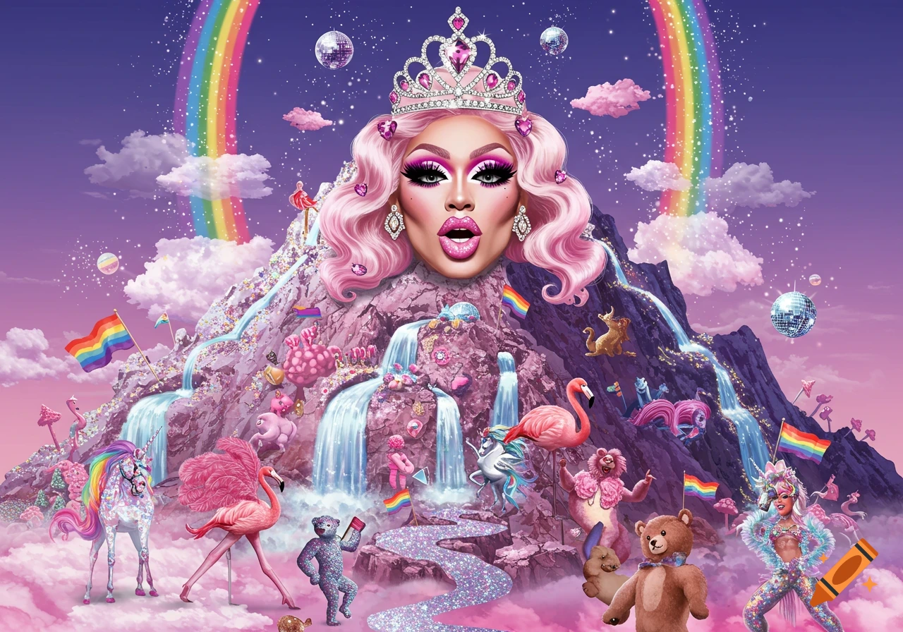 A vibrant cartoon landscape with a mountain shaped like a drag queen's head, surrounded by rainbows, glitter, unicorns, and flamingos.