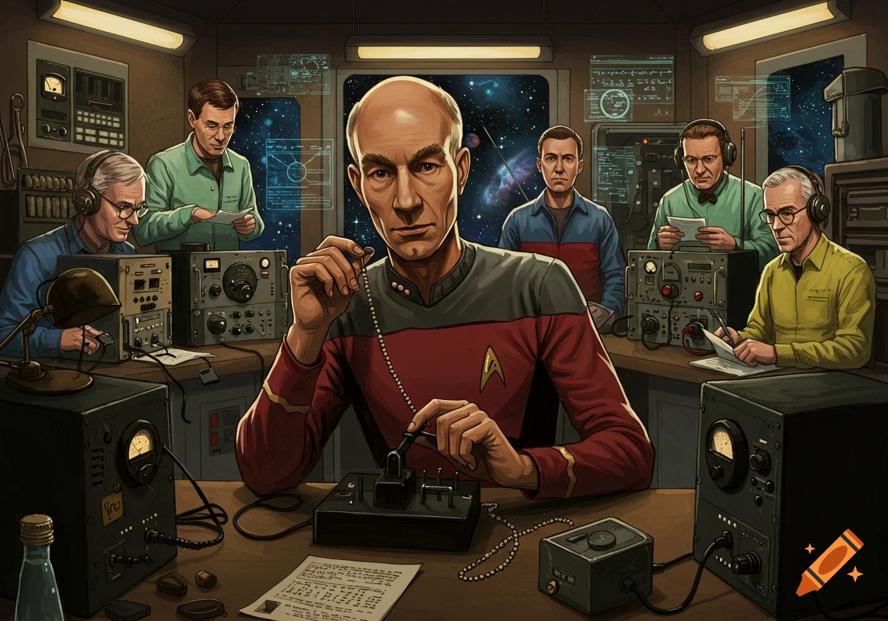 Captain Picard operates a morse code key with other radio operators in a retro-futuristic Star Trek holodeck scene.