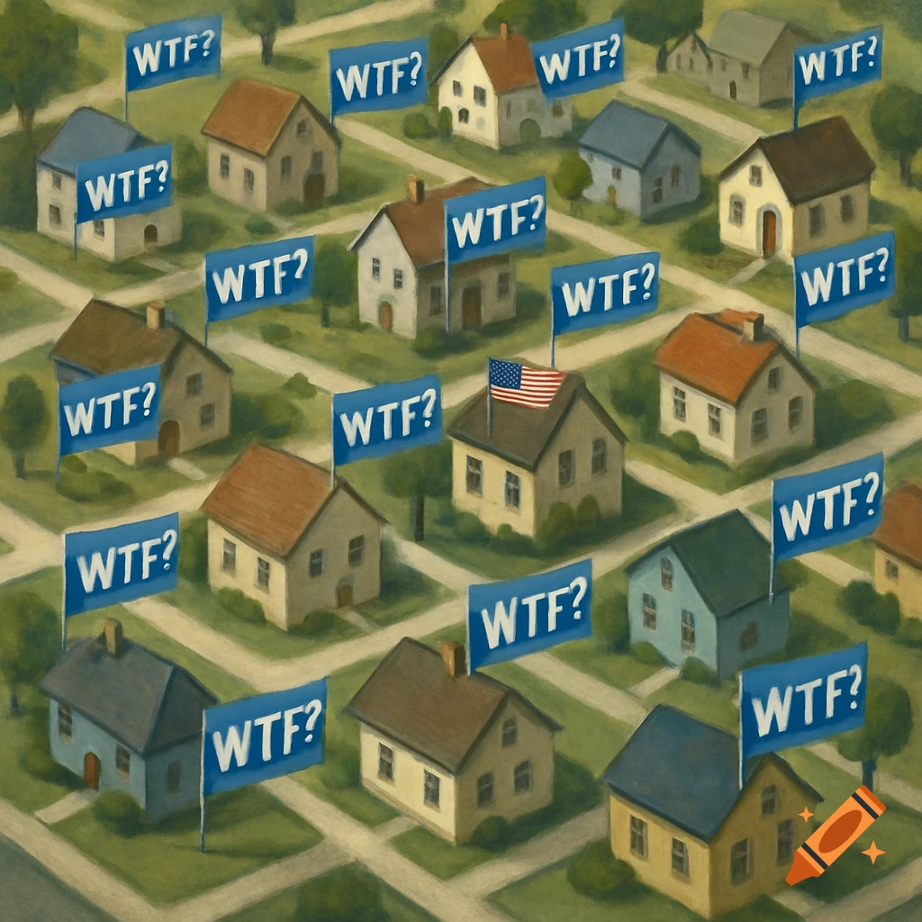 An aerial, illustrative view of a neighborhood where most houses fly blue flags with 'WTF?' and one flies an American flag.