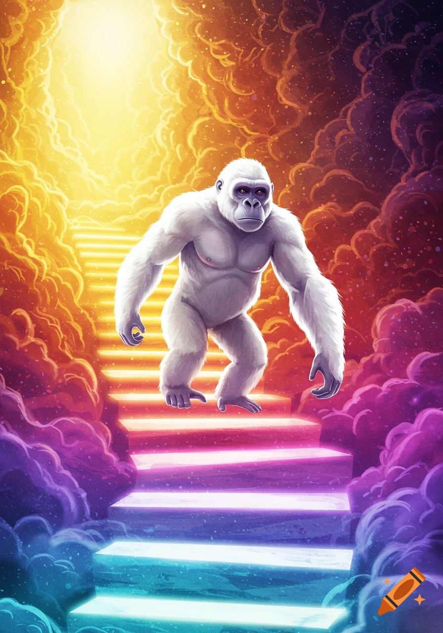 A white ape on glowing stairs, surrounded by golden and purple clouds, in a vibrant fantasy art style.