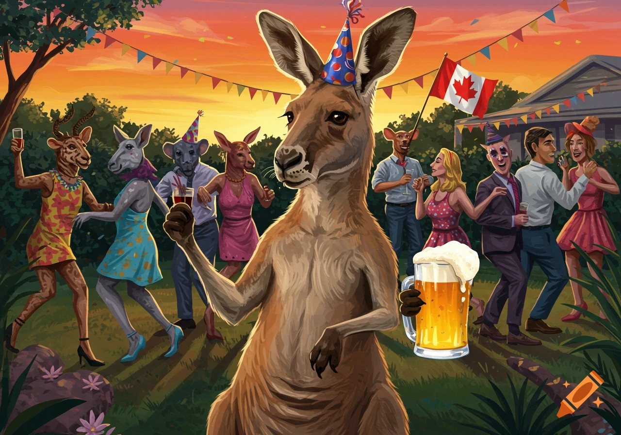 Kangaroo in a party hat holding beer, at an outdoor party with dancing anthropomorphic animals and people, Canadian flag in background.