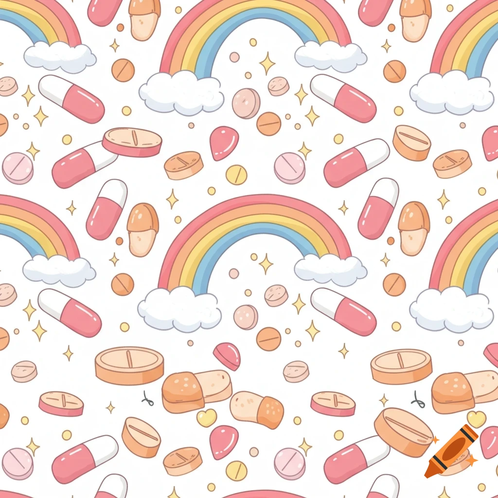 A cute cartoon seamless pattern of pink and orange pills, rainbows, and stars on a white background.