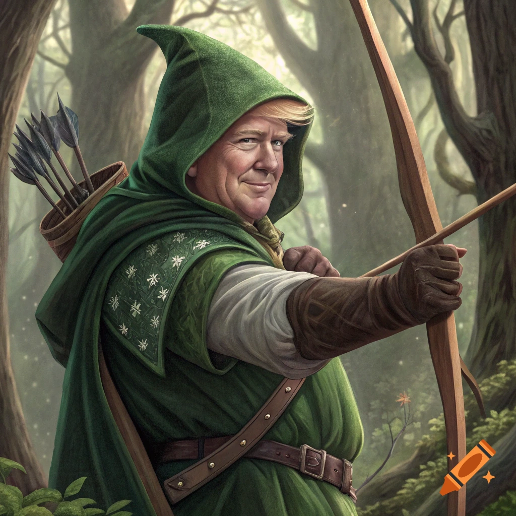 Donald Trump dressed as Robin Hood in a green hooded tunic, holding a bow and arrow in a lush forest, painterly style.