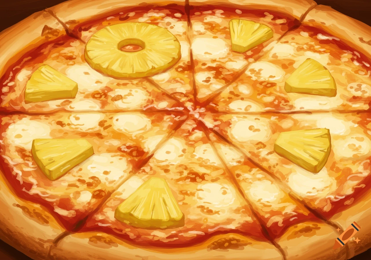 A top-down view of a pineapple pizza with a painterly style.