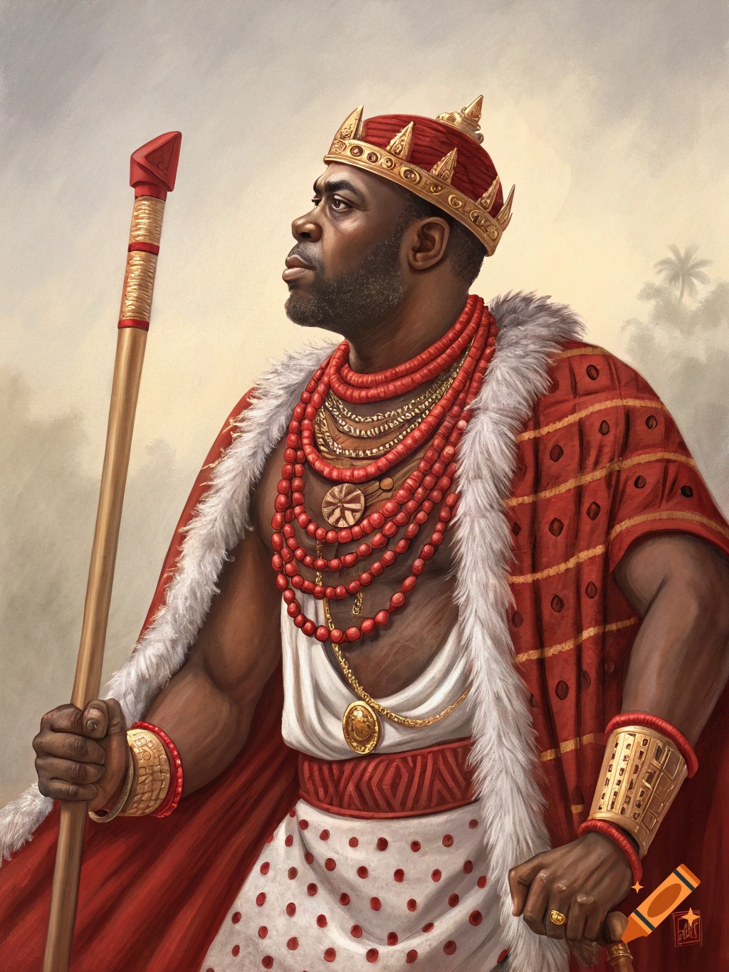 A richly dressed African king in red robes and a golden crown, holding a staff, in a regal portrait.