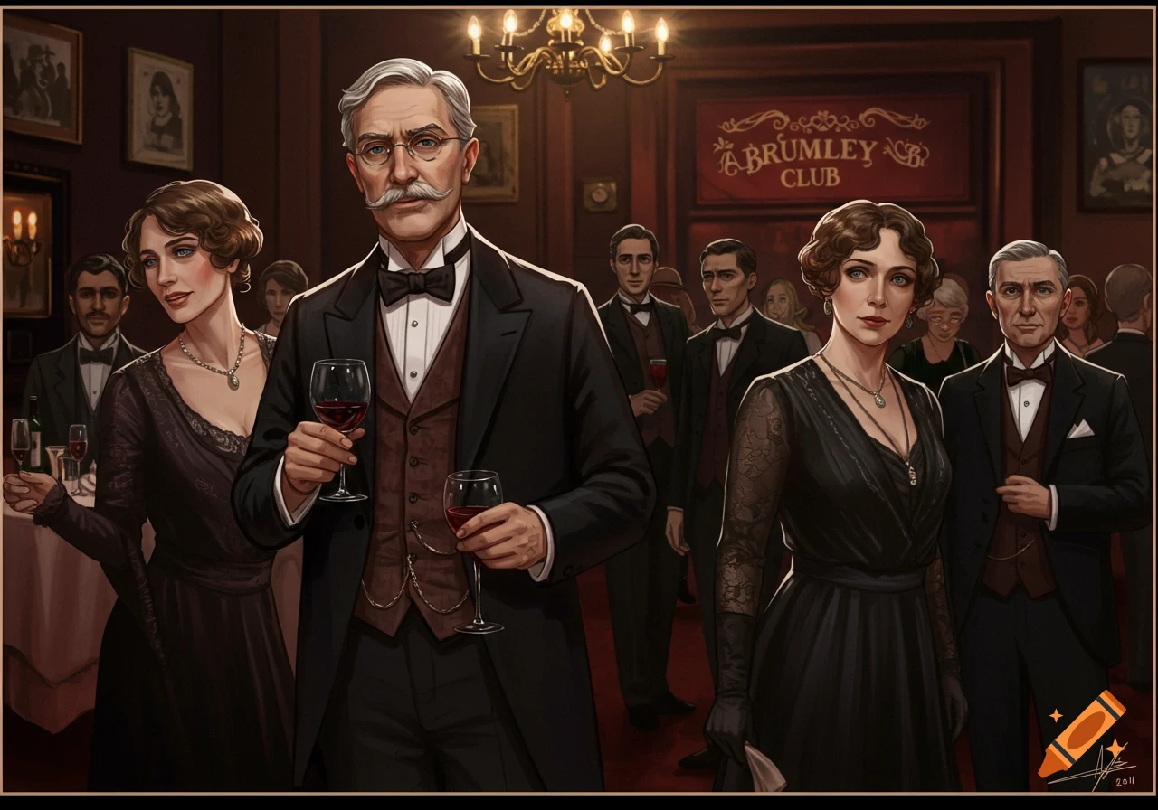 A group of elegant men and women in early 20th-century formal wear gathered in a dimly lit club or gala, holding wine glasses.