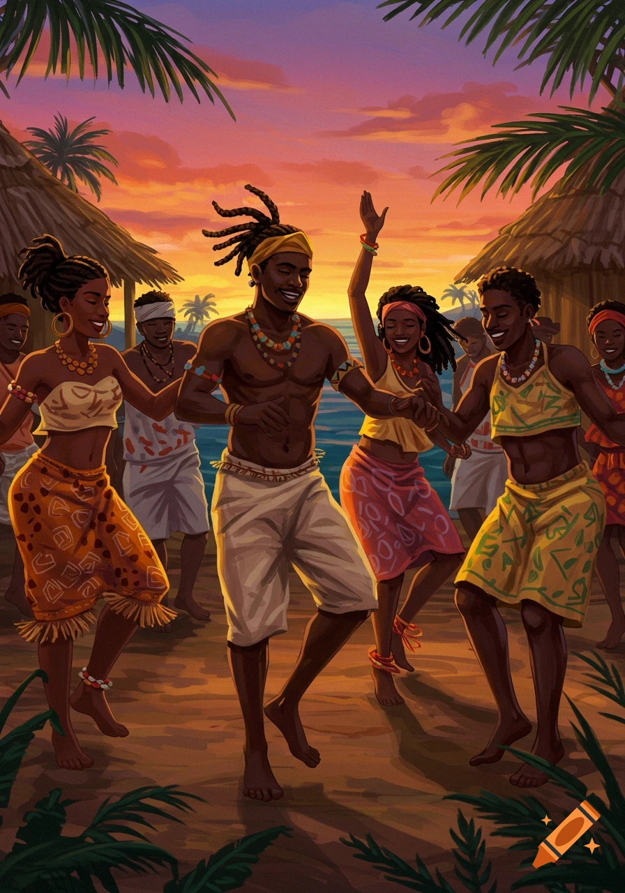 Smiling Black men and women dance joyfully on a sandy beach at sunset, surrounded by palm trees and huts.