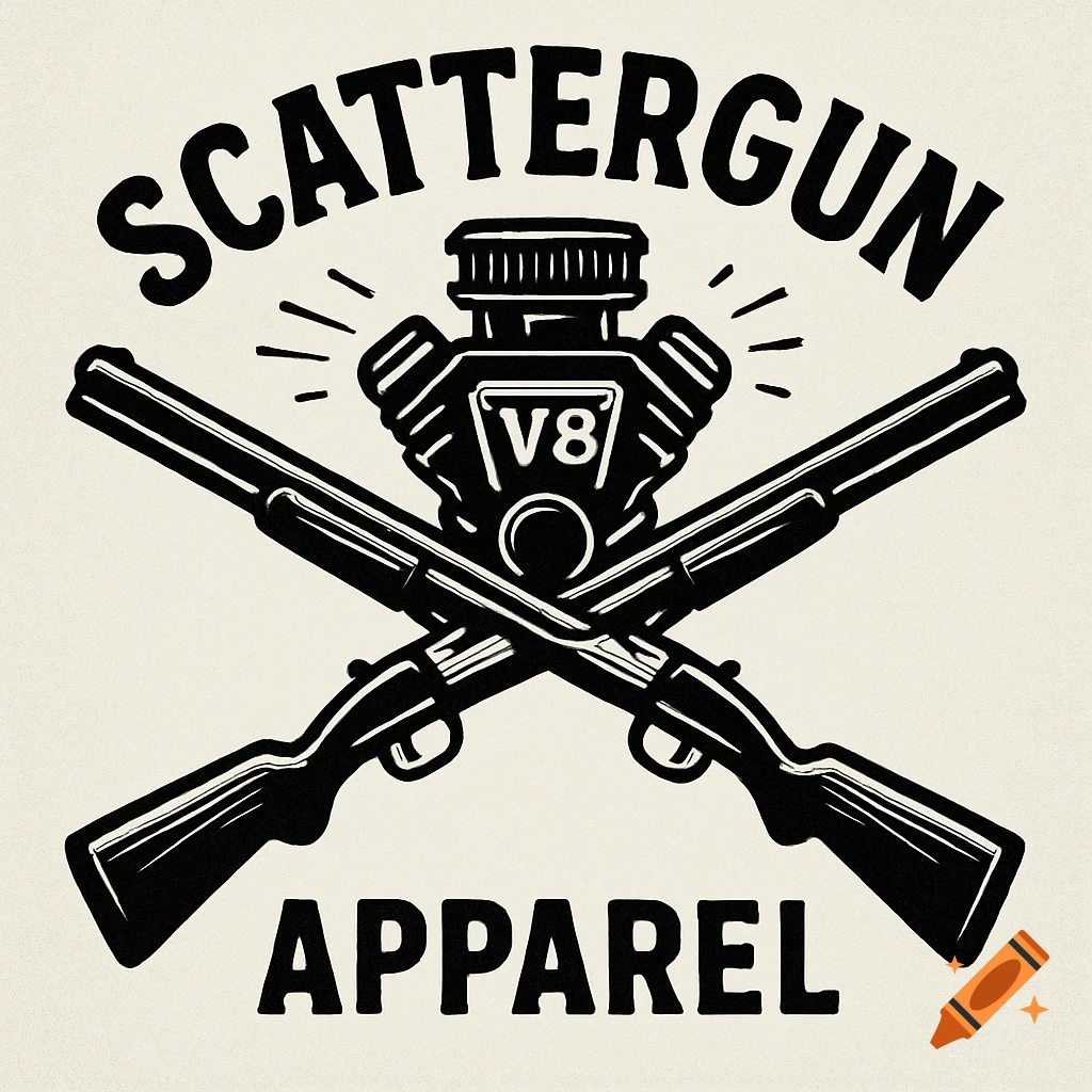 A black and white retro logo featuring two crossed shotguns with a V8 engine above, and text 'SCATTERGUN' above and 'APPAREL' below.