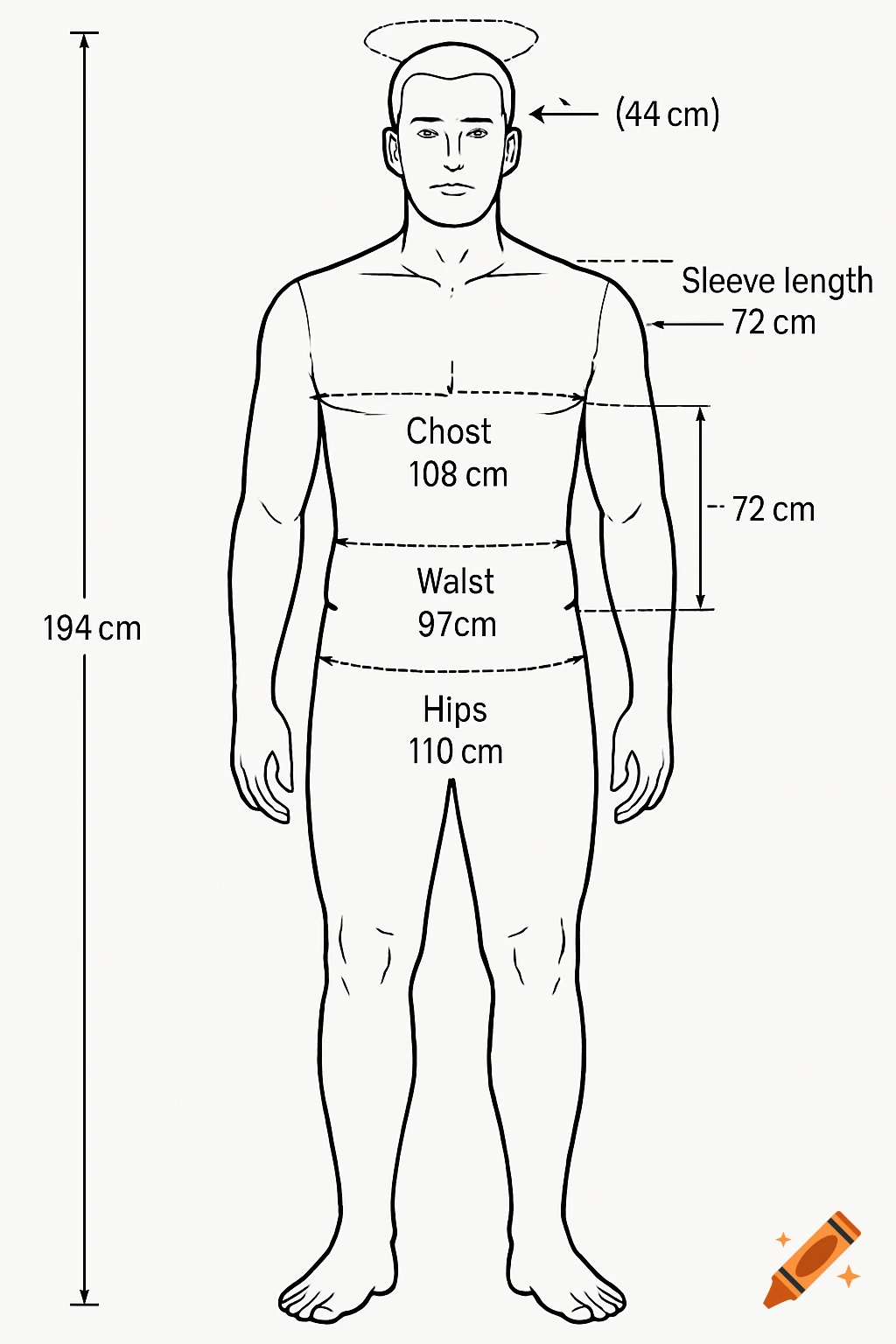 Line art diagram of a male human body with various measurements for height, chest, waist, hips, sleeve length, and neck.