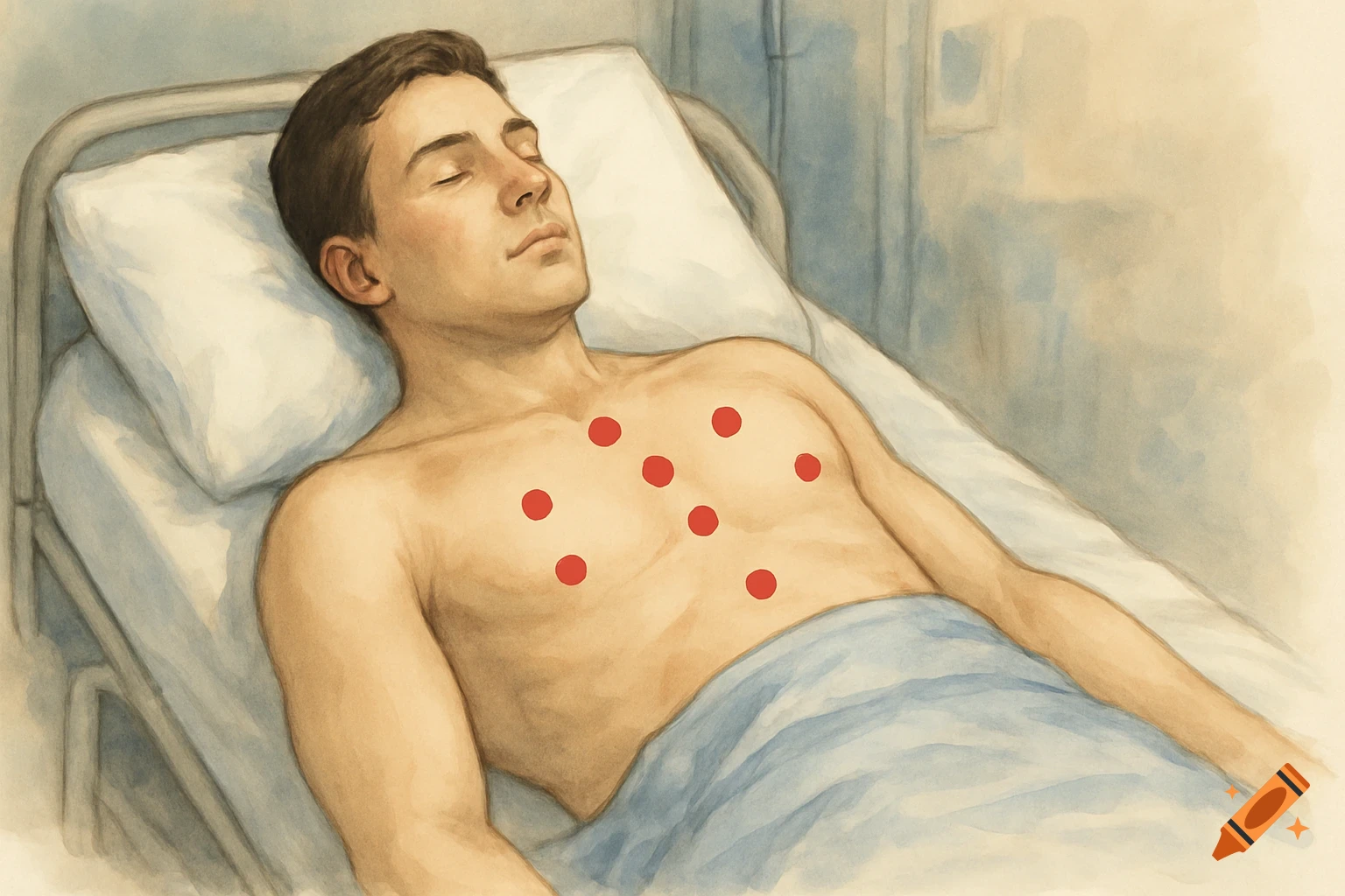 Watercolor illustration of a shirtless male patient on a hospital bed with red dots marking cardiac auscultation points.