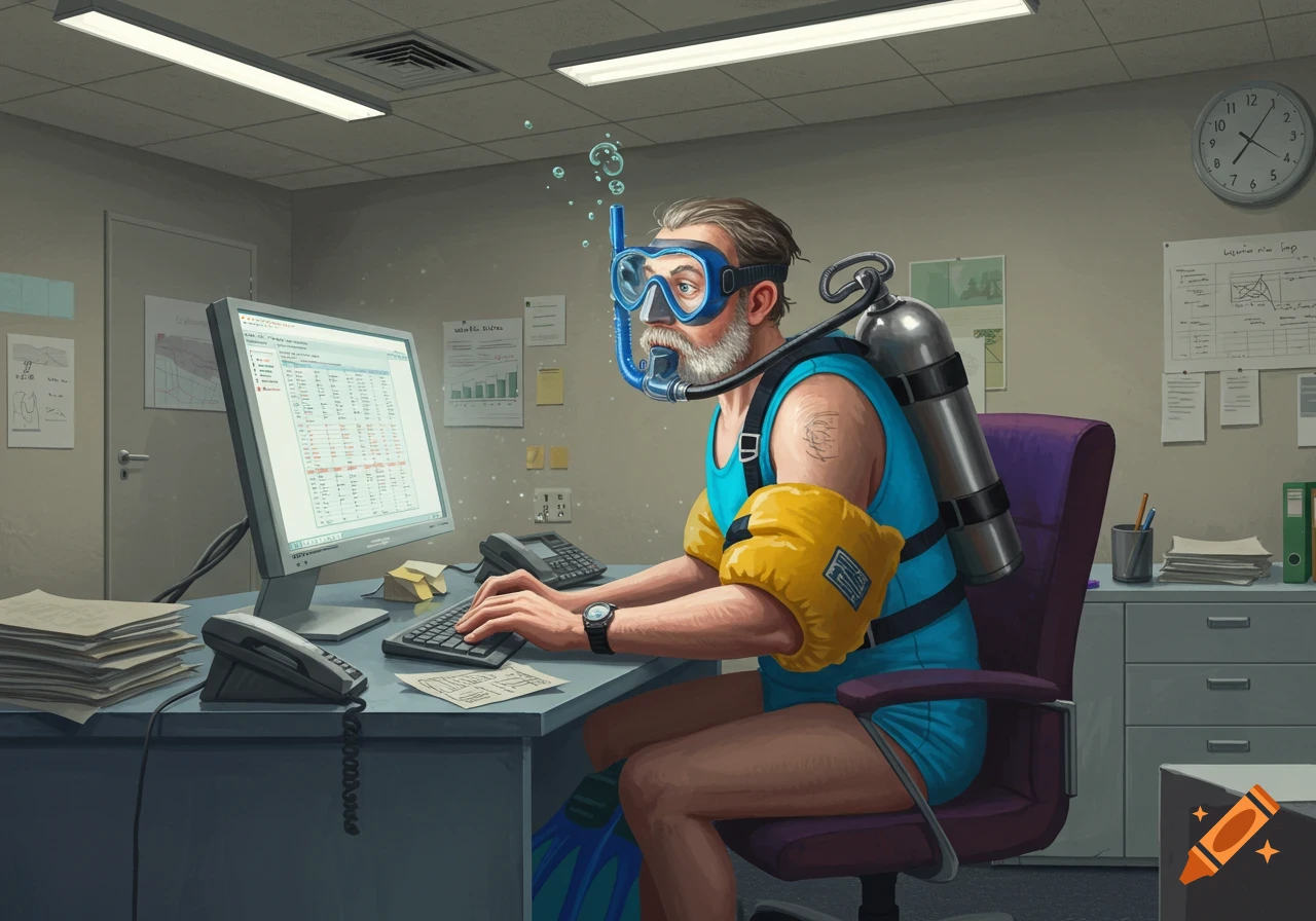 A bearded man wearing scuba gear, a swimsuit, and arm floaties sits at an office desk typing on a computer.
