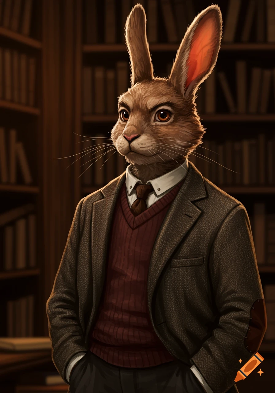 An anthropomorphic rabbit, dressed in a brown tweed jacket and red sweater vest with a tie, stands in a library.