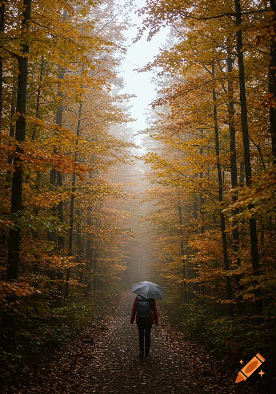 A person in a red jacket and backpack walks with an umbrella down a forest path filled with fallen autumn leaves and misty air.