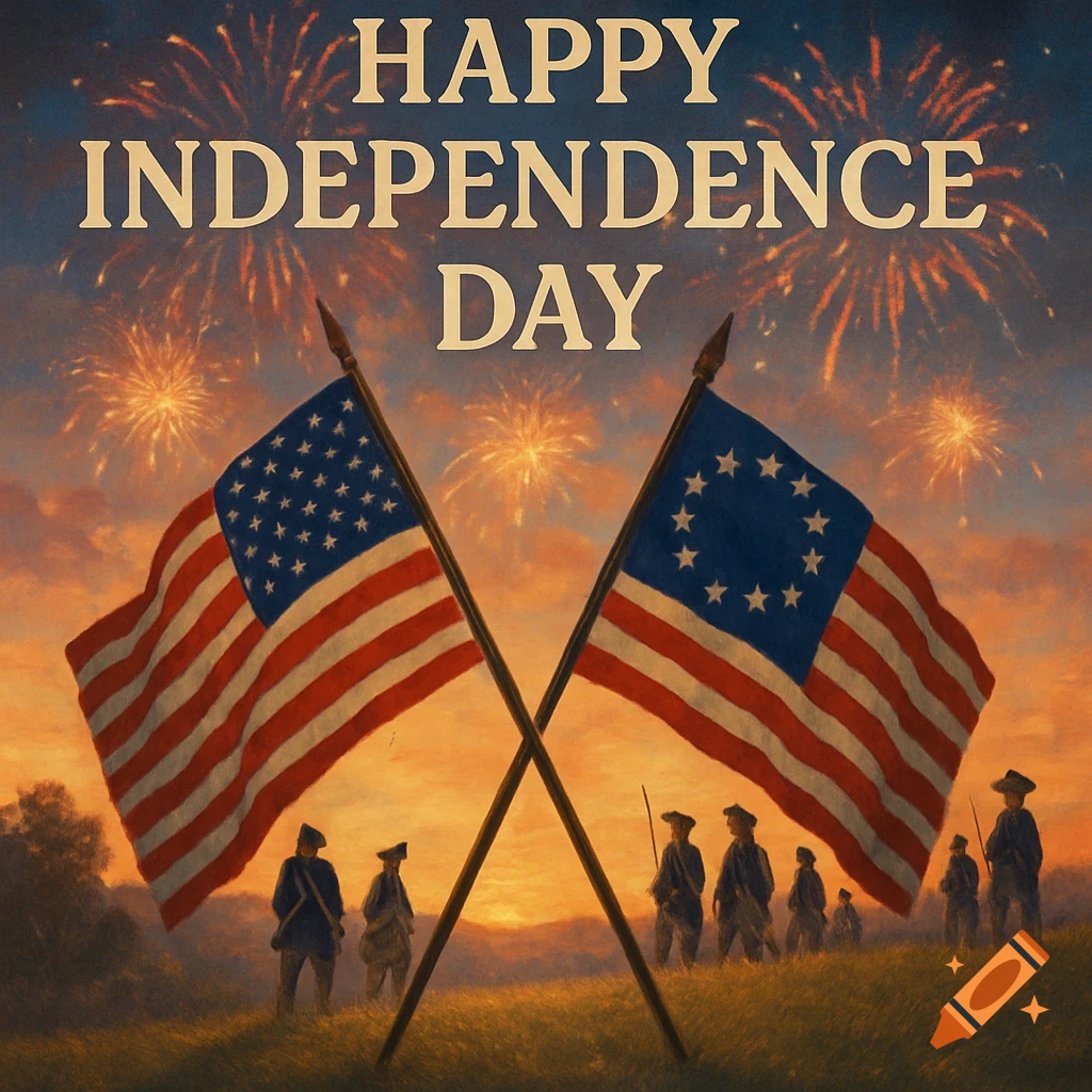 Two crossed American flags, one modern and one historical, stand on a hillside at sunset with Continental soldiers in the background and fireworks overhead. Text reads 'HAPPY INDEPENDENCE DAY'.