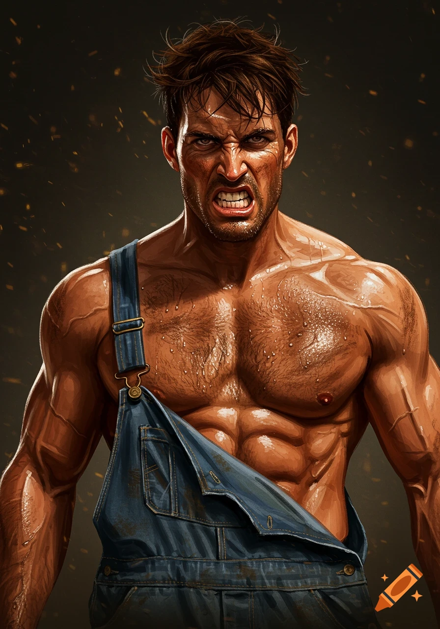 Muscular, angry man with messy hair and open denim overalls, sweaty against a dark background.