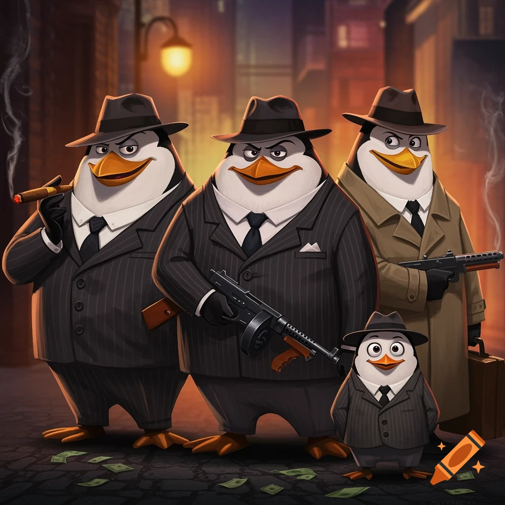 Four cartoon penguins, dressed as 1920s gangsters in suits and fedoras, stand on a dark street. One smokes a cigar, two hold Tommy guns, and a small penguin stands in front.