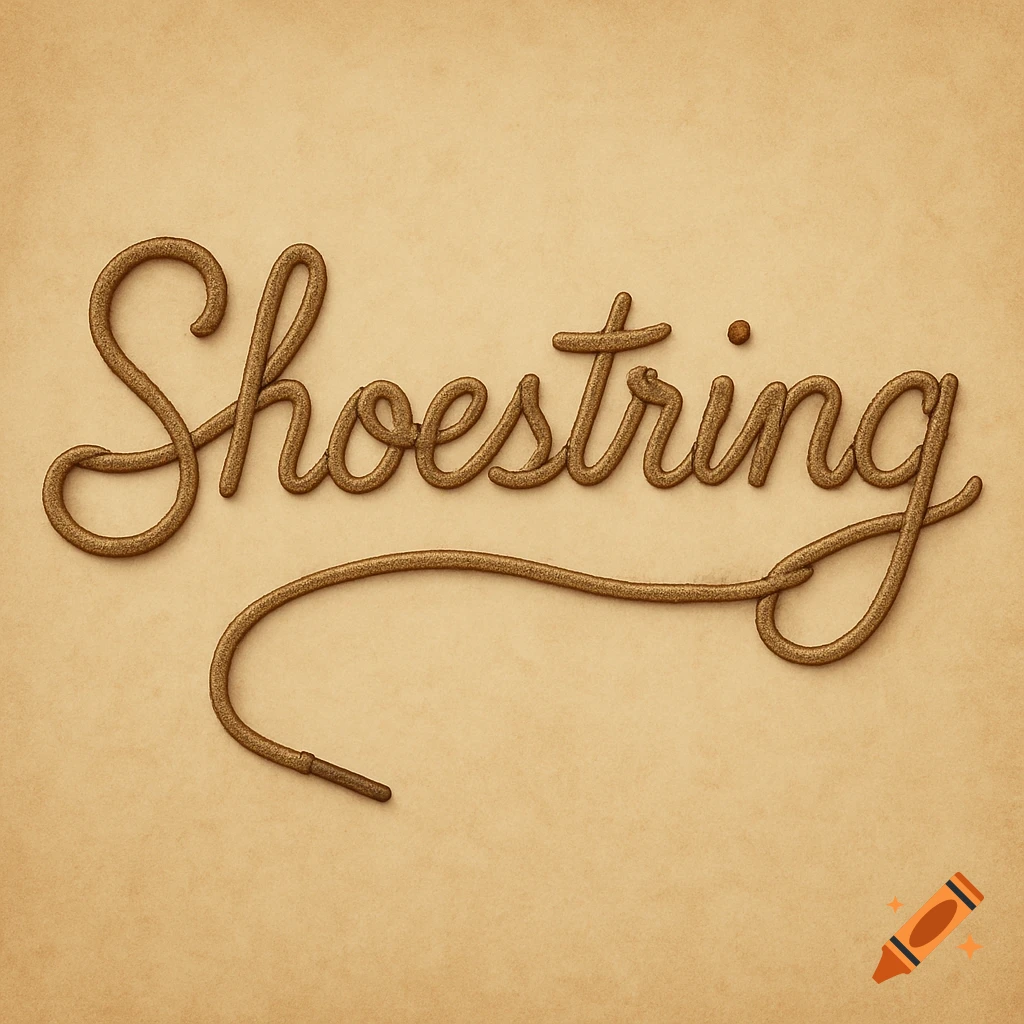 The word 'Shoestring' is written in cursive, formed by a brown shoelace on a textured light brown background, with an aglet at the end of the lace.