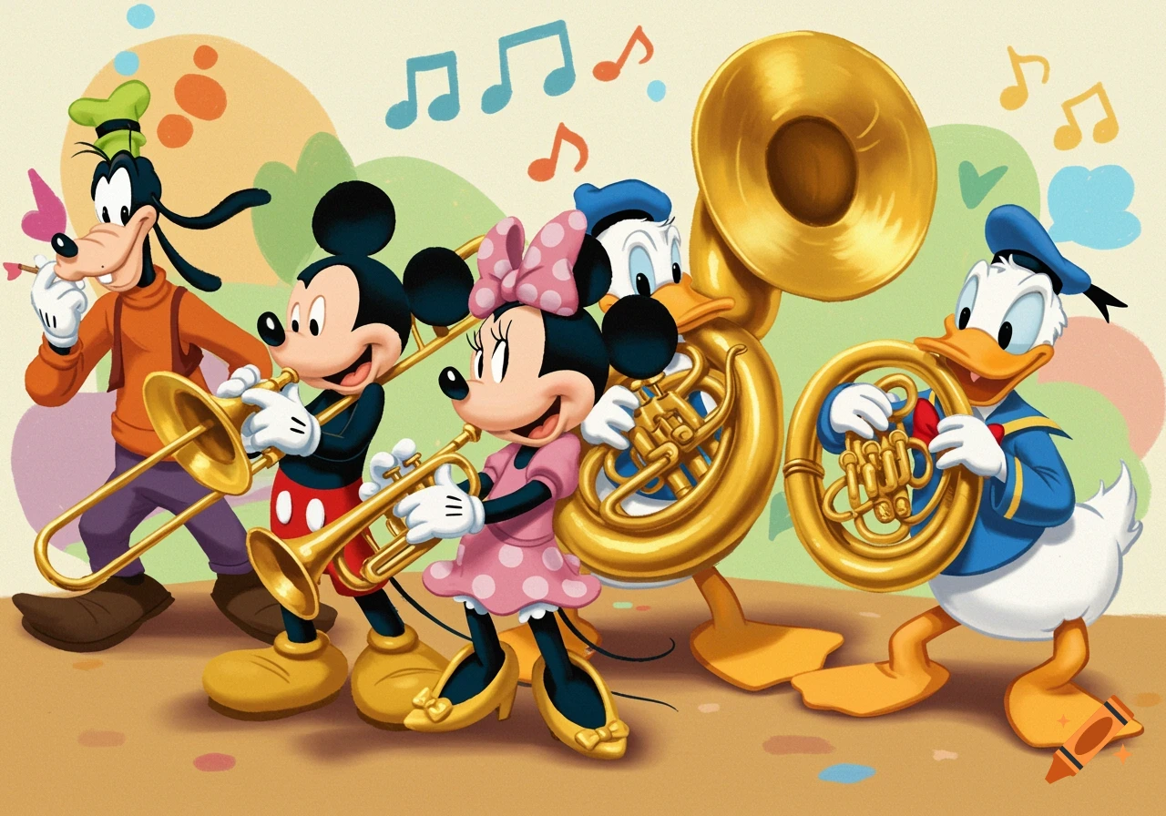 Mickey, Minnie, Goofy, and Donald Duck play brass instruments in a cheerful cartoon style.