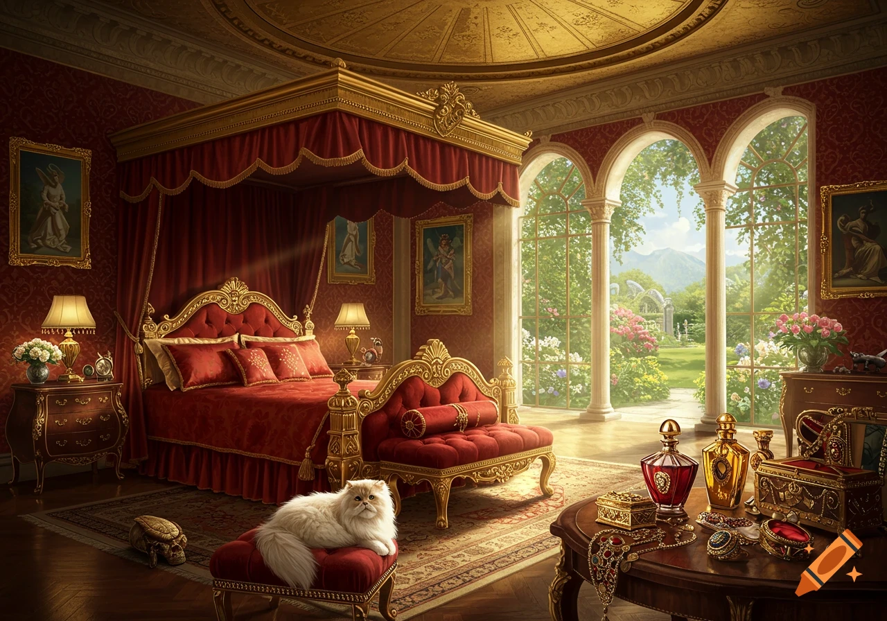 A luxurious red and gold princess's bedroom with an ornate canopy bed, a white fluffy cat on a red bench, and large arched windows looking out onto a lush garden.