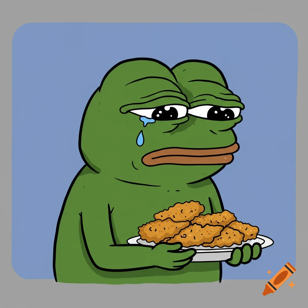A sad, crying green Pepe the frog character holds a white plate filled with golden chicken strips in a 2D cartoon style.